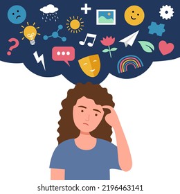 Woman thinking with imagination brain in flat design on white background. Logic and creativity brain.