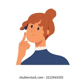 Woman thinking, imagining, face portrait. Happy excited thoughtful girl with idea in mind, gesturing finger up. Expression of enthusiasm. Flat graphic vector illustration isolated on white background