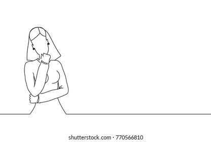 Woman thinking isolated on white background. For web site, poster, placard, ad, cover magazine and print materials. Crative art, modern drawing concept