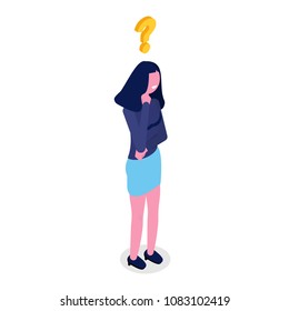Woman is thinking isometric character. Vector illustration.