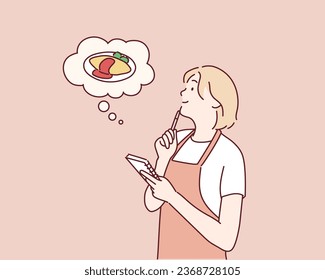 mujer pensando en la cocina. Japoneses Vestidos De Omu-Rice. Ilustraciones de diseño vectorial de estilo dibujado a mano.