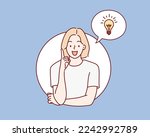 woman thinking. Light bulb with gears over head. Hand drawn style vector design illustrations.