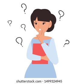 Woman thinking with lots of question mark sign  on white background. Vector illustration for website.