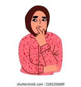 Woman thinking or making difficult expression. Vector illustration isolated on white background.