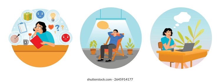 A woman thinking and making notes into her diary. Man is seated on a chair, with a thought bubble overhead. Woman sits thoughtfully at a desk with a laptop and coffee. Young thoughtful woman concept.