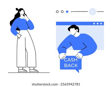 Woman thinking and man holding a sign in blue and white tones. Ideal for marketing cashback programs online interactions financial incentives customer rewards and e-commerce. Simple clean modern