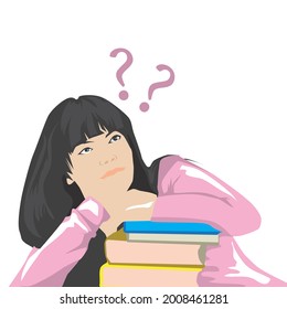 a woman is thinking on a pile of books