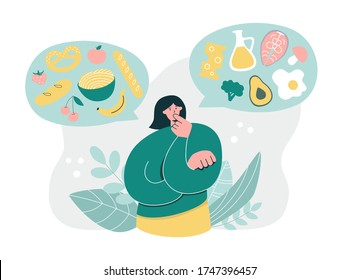 Woman thinking over Low Carb High Fat Diet. Young girl considering Keto Diet. Oversized woman choosing fat food over carbs. Healthy eating concept. Modern flat cartoon character. 