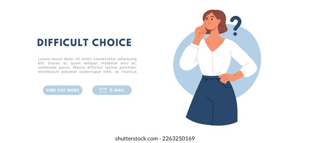 Woman thinking over question. Dilemma problem concept. Flat vector illustration