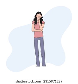a woman is thinking with a pointer finger on her lips
