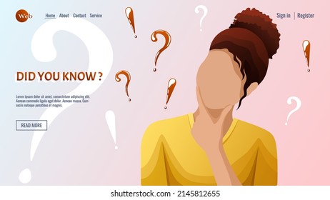 The woman is thinking. Question and exclamation marks. Thinking concept. Vector illustration for flyer, poster, banner, advertising, website development. 