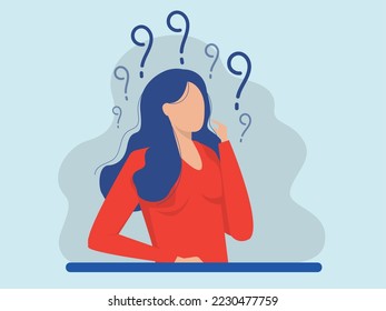 Woman Thinking with question mark,  doubts, problems, thoughts, emotions. Curious woman questioning,Flat cartoon vector illustration.