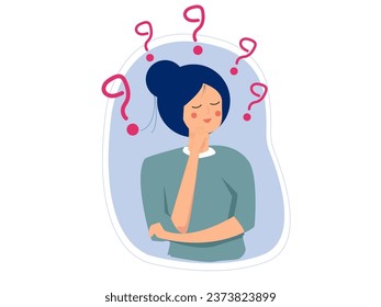 woman thinking with question mark doubts his choice about Creativity,Problem solving thoughtful pose concept design illustration.