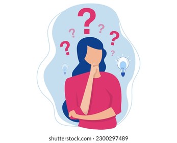 woman thinking with question mark and light bulb doubts his choice about Creativity,Problem solving thoughtful pose concept  design illustration
