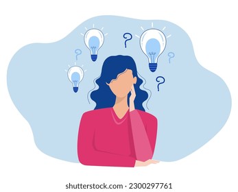 woman thinking with question mark and light bulb doubts his choice about Creativity,Problem solving thoughtful pose concept  design illustration
