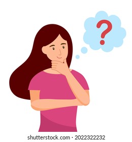 Woman is thinking with question mark symbol in flat design on white background. Making decision.