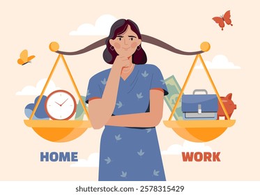 Woman thinking with scales showing work and home balance, surrounded by symbolic items like clock, money, piggy bank. Flat style on beige background. Concept of work-life balance. Vector illustration