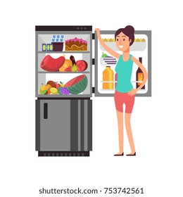 Woman thinking snacking at fridge with unhealthy food. People eating at night diet vector concept. Kitchen fridge and woman thinking illustration