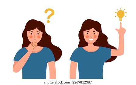 Woman thinking and solving problem concept. Female with question mark and lightbulb in flat design.