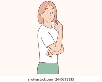 woman thinking or solving problems. Hand drawn style vector design illustration.