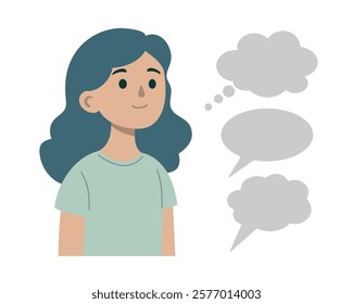 Woman thinking with thought and speech bubbles, concept of ideas, imagination, communication, isolated on white background, flat design illustration