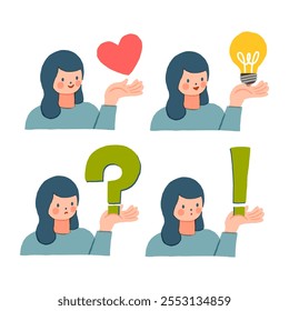 Woman thinking - trying to find a solution with question mark and happy with light bulb creative idea. Concept vector illustration.