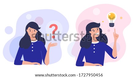 Woman thinking  - trying to find a solution with question mark and happy with light bulb creative idea. Concept vector illustration.