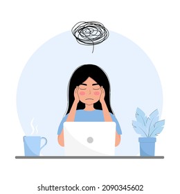 Woman thinking Vector Flat Illustration. Woman trying to find a solution. Cartoon character.