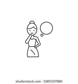 woman thinking vector line icon, sign, illustration on background, editable strokes