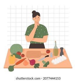 Woman thinking what to cook flat vector illustration. Cute female character can't decide what to make for healthy dinner. Girl standing behind a table with vegebles and organic products