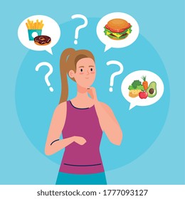 woman thinking what to eat design, junk or healthy food decision theme Vector illustration