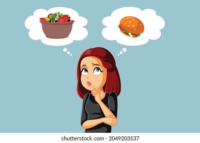 Woman Thinking what to Eat Vector Illustration. Girl choosing between a healthy and a junk food meal option 
