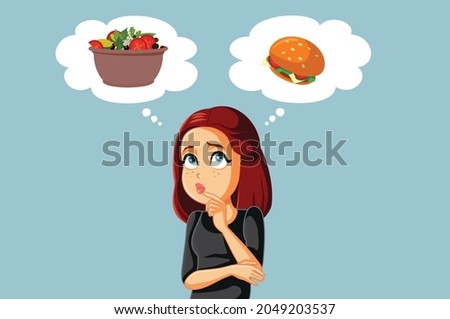 Woman Thinking what to Eat Vector Illustration. Girl choosing between a healthy and a junk food meal option 
