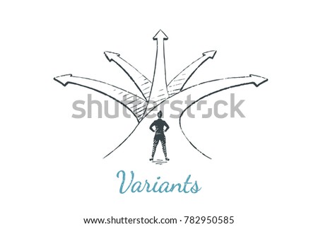 The woman is thinking where to go. Vector business concept illustration, pencil drawing. Variants 