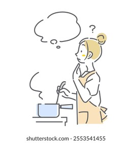 A woman thinking while cooking - simple and stylish line drawing illustration
