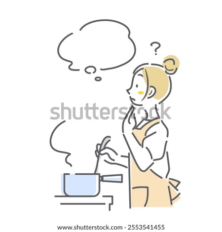 A woman thinking while cooking - simple and stylish line drawing illustration
