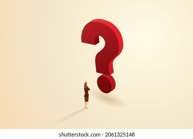 Una mujer pensando mientras estaba de pie frente a un signo de interrogación. Mujer empresaria cuestionando la oportunidad y la planificación futura en su carrera. ilustración vectorial isométrica.