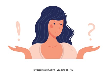 A woman thinks about her choice, yes or no, doubt and depression, question and answer. An exclamation and question mark in the palm of a doubting girl. Flat cartoon vector illustration.