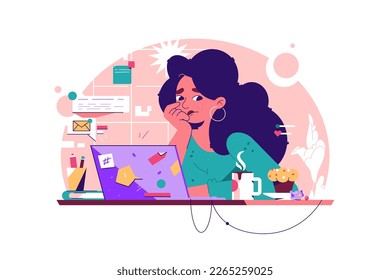 Woman thinks about her diet vector illustration. Girl is sitting at her laptop and anxiously looking at the sweets, isolated on white.