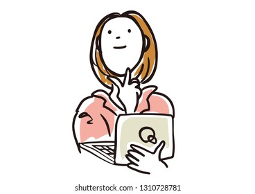 A woman thinks about a personal computer