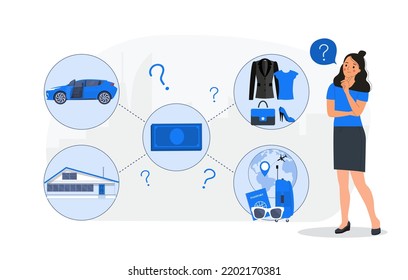 Woman thinks about the question of what to spend money on. Vector illustration.