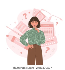 A woman thinks about the right contraception for her. Flat-out contraception day. Women's health. Vector illustration. 