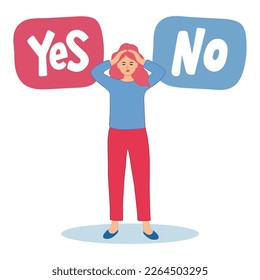 Woman thinks about something and looks at question marks yes or no. Vector illustration. 