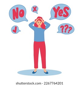 Woman thinks about something and looks at question marks yes or no. Vector illustration. 