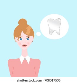 Woman thinks about teeth vector illustration.