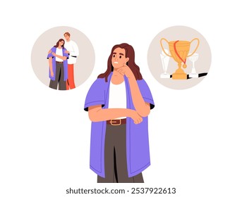 Woman thinks about work and life balance. Girl makes choice, choose between career and family. Question of compare among relationship and sport success. Flat isolated vector illustration on white