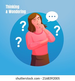 una mujer piensa y pregunta con el símbolo de la burbuja de habla