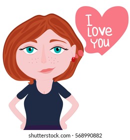Woman thinks the cloud, I love you. The concept for Saint Valentine's day. Isolated vector illustration on white background.