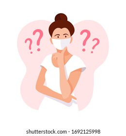 Mujer piensa.Concepto de coronavirus. Muchacha pensando en problemas, finanzas, vida, relaciones, etc. Pregunta. La chica resuelve un problema. Mujer con signos de interrogación. Mantente a salvo.Quédate en casa. Concepto de salud