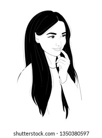 A woman thinks or dreams. Make plans. Fashion illustration of a brunette girl portrait with long hair and beautiful make-up.